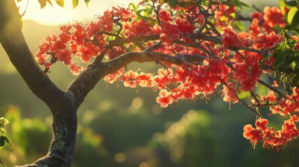 Vibrant Blossoming Tree Branch with Red Flowers in Soft Morning Light