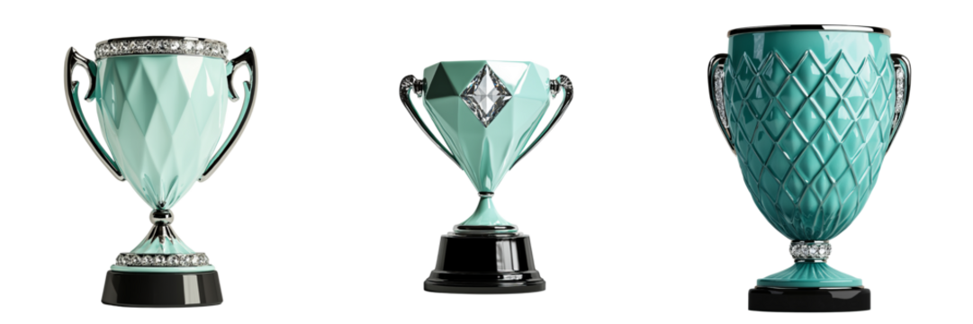 Png of Three elegant trophies with unique designs, showcasing a blend of teal and silver, symbolizing achievement and success.