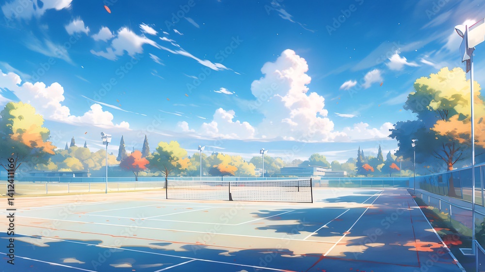 Poster 青空の下 広々とした公園の風景 鮮やかな緑の木々 穏やかな雰囲気のイラスト