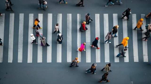 An overhead shot of pedestrians moving across a crosswalk, diverse group with visible clothing and pace variation

