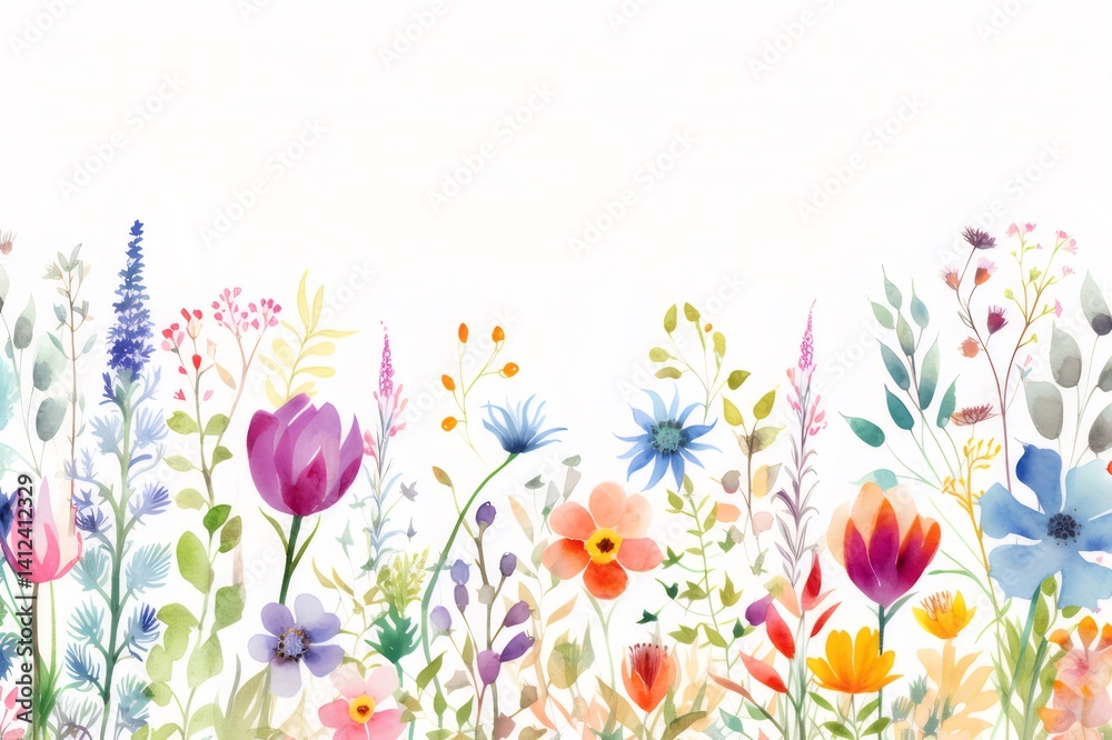 Aufkleber 水彩画の多様な花々の鮮やかな色彩と透明感のある花の葉の境界線デザイン