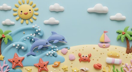 Playful Summer Beach Scene in Clay Style