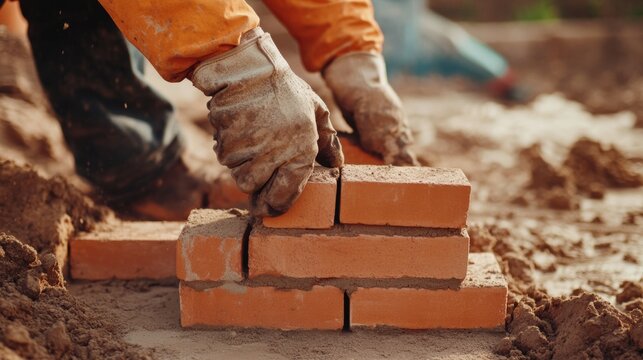 Construction worker laying bricks for a building foundation. Featuring bricklaying skills and construction fundamentals