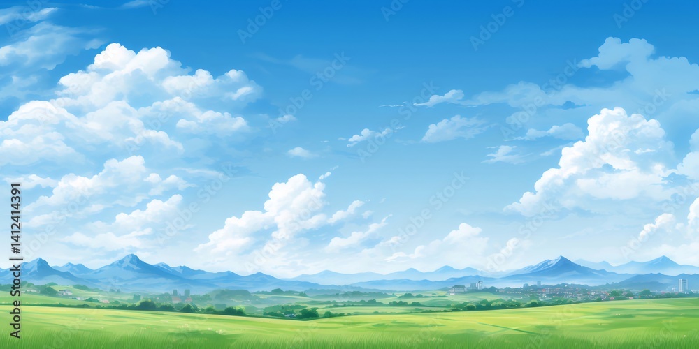 Poster 広大な青空と緑の草原の風景 太陽が降り注ぐ爽やかな夏の日の自然