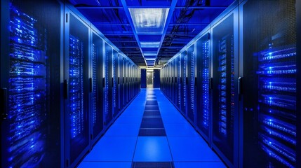 Fototapeta premium Server room with rows of data storage racks illuminated with blue light.