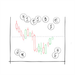 Hand drawn abstract interval chart of changes in stock exchange quotes and price for different types of currencies vector illustration. Red, green candles of the financial market. For banking data