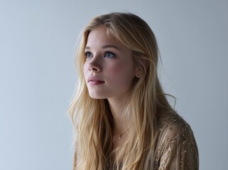 Fototapeta premium The picture shows a woman with long blonde hair dressed in silver against a white background