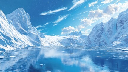 Frozen Wonderland: A breathtaking panorama of an icy landscape, where towering glaciers meet a pristine, crystalline lake under a vibrant blue sky, creating a scene of unparalleled beauty.