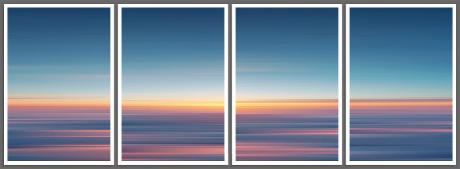 Set of minimalist sunset posters above the clouds. Dreamy atmospheric prints with sunsets over clouds in soft gradients and horizontal flows. Infinite beauty of nature for a peaceful modern interior
