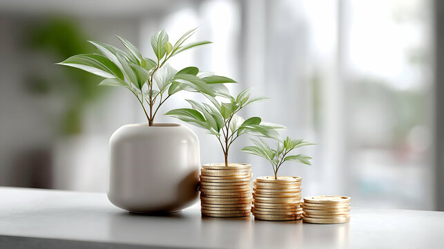 Growing plants on stacks of gold coins symbolizing financial growth and investment