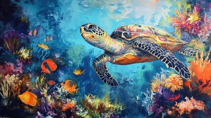 Fototapeta premium Turtle with colorful tropical fish and marine life in the coral reef