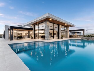 Fototapeta premium Large format windows frame dusk sky, reflecting in tranquil plunge pool by a contemporary home - clean urban architecture mood backyard