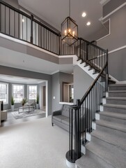 Obraz premium Modern foyer with a sleek curved staircase, minimalist decor, natural light - curved bright monochrome chic ambiance