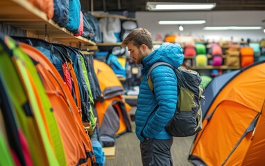 Man Browsing Outdoor Gear in a Retail Store