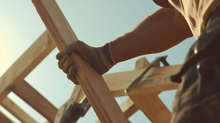 Construction worker securing a roof frame with nails. Stability and safety