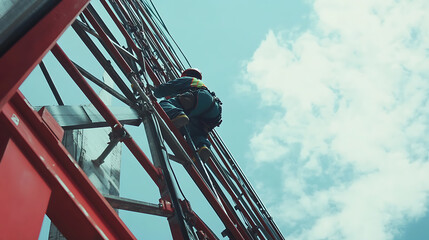 Construction worker securing a scaffold to a building frame. Stability and safety