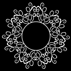 Beautiful round patterned frame in white on a black background