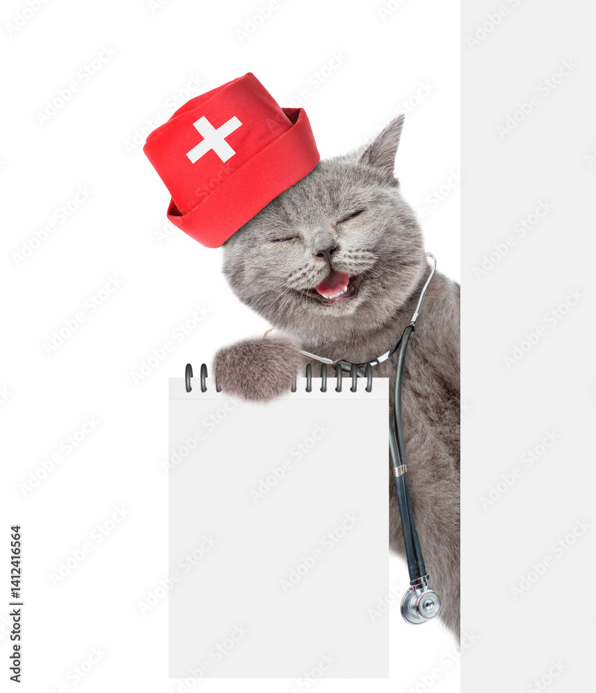 Aufkleber happy cat dressed like a doctor with stethoscope on his neck looks from behind blank white banner an