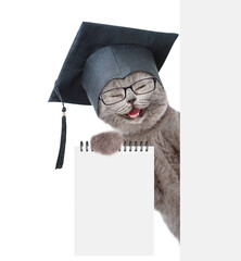Сollege graduate kitten holds blank list in it paw and looks from behind blank white banner. Empty...