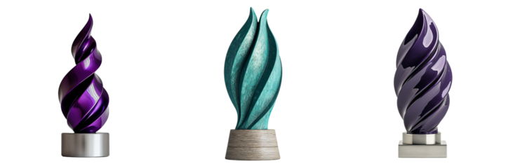 Png of Three beautifully designed trophies with swirling shapes in purple and teal hues, symbolizing achievement and excellence.