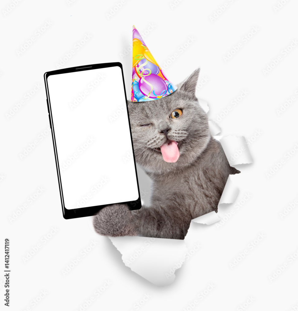 Poster winking funny cat with tongue out wearing party cap showing smartphone with white blank screen in it