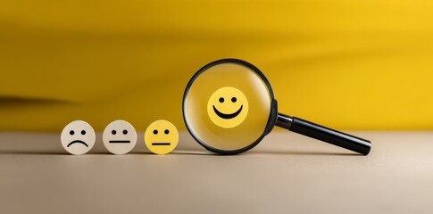 On World mental health day, the significance of positive thinking feedback is stressed, with a magnifying glass indicating focus, a satisfied feedback icon, excellent review results, customer ratings