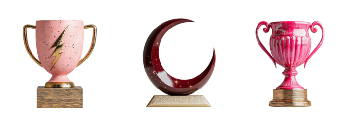 Png of Three vibrant trophies featuring pink and gold designs, symbolizing achievement and recognition.