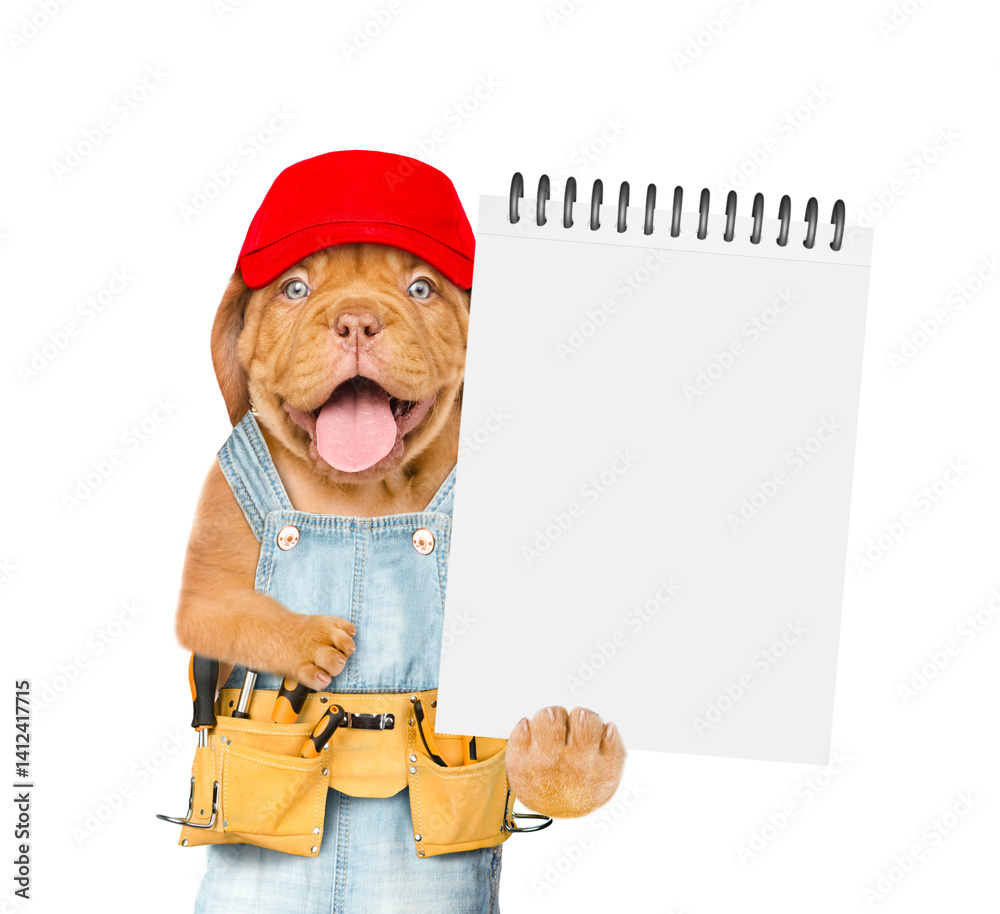 Poster Funny Mastiff puppy wearing blue cap and denim overalls with tool belt shows empty list. Isolated on white background