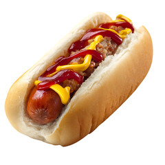 A close up of a hotdog with ketchup and mustard on a black background