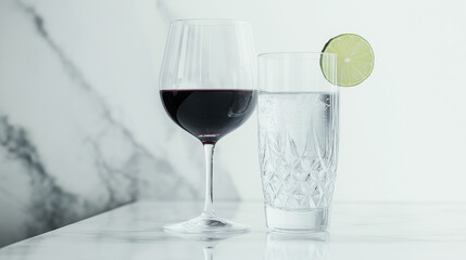 Minimalist comparison of two elegant glasses side by side on a sleek marble bar: one filled with red wine, the other with sparkling water and lime, clean neutral background, light symbolism of balance