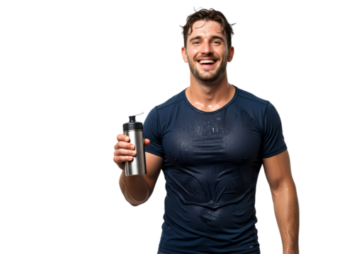 A sporty man holding a water bottle, isolated