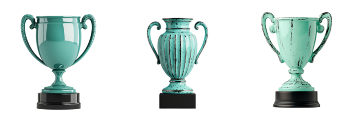 Png of Three elegant turquoise trophies with unique designs on black bases, symbolizing achievement and victory.