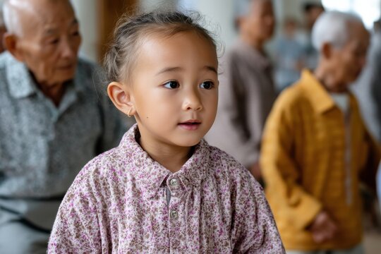 A young girl with a gentle smile engages in a joyful moment surrounded by a group of elderly, fostering intergenerational connections in a warm and lively atmosphere.