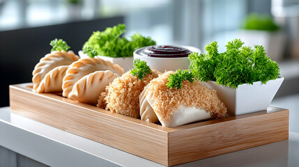 Savory pastries and dipping sauce on a wooden tray
