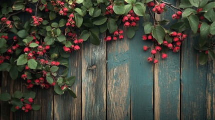 Vibrant Red Berries with Green Leaves Against Rustic Wooden Background