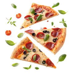 Flying pizza slices with pepperoni and olives isolated on transparent background