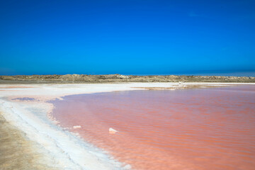 Sea salt production. Pink lake for water evaporation in Walvis Bay. The concept of a salt production and processing plant.
Impressive natural wonder by the presence of algae in the water. Namibia.