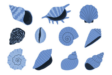 Set of hand drawn blue seashells. Design elements for print, sticker, greeting card and invitation.