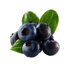 A close up of blueberries with green leaves on a black background