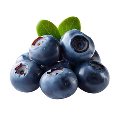 Close up shot of a pile of blueberries with green leaf accents