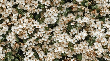Abundant White Flowers Blooming on Green Foliage in Springtime