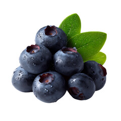 Close up of a pile of blueberries with green leaves behind them