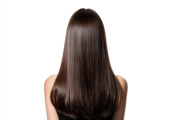 Naklejka premium A woman with gorgeous long locks is set against a white backdrop, showcasing her healthy and shiny hairstyle