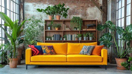 Un salon rempli de plantes vertes est au cœur de cet intérieur qui combine modernité et style rétro des années