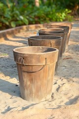 Naklejka premium Wooden Buckets in Sand, Rustic Garden Decor