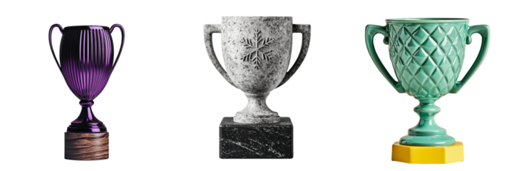 Png of Three stylish trophies in varying colors and designs, showcasing elegance and achievement in awards decor.