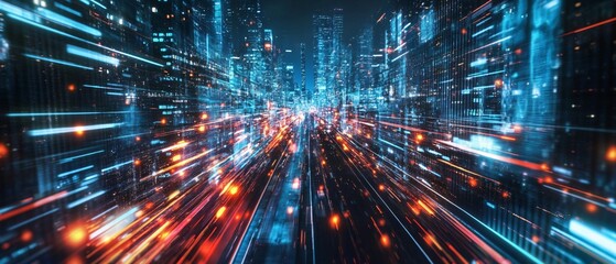 Abstract cityscape with motion blur light trails depicting technology or futuristic concepts.