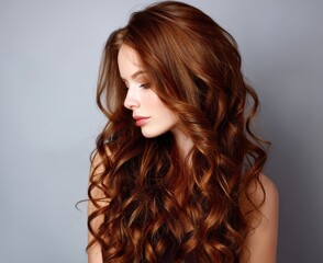 Naklejka premium The beautiful model woman, who has a wavy hairstyle, and the girl with red hair, which is long and shiny and curly, utilize care, cosmetic, and beauty products