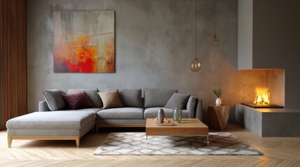 Cozy living room with sectional sofa, fireplace, and abstract art. Warm lighting and neutral tones create a serene atmosphere.
