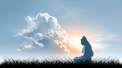 Silhouetted figure in prayerful pose at dawn, amidst tall grass and fluffy clouds